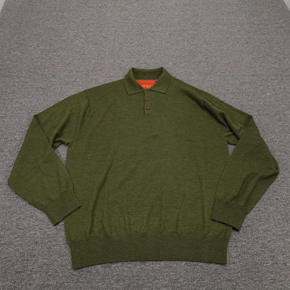 Orvis Sweater Mens XL Green Wool Knit Polo Collar Long Sleeve Pullover Casual